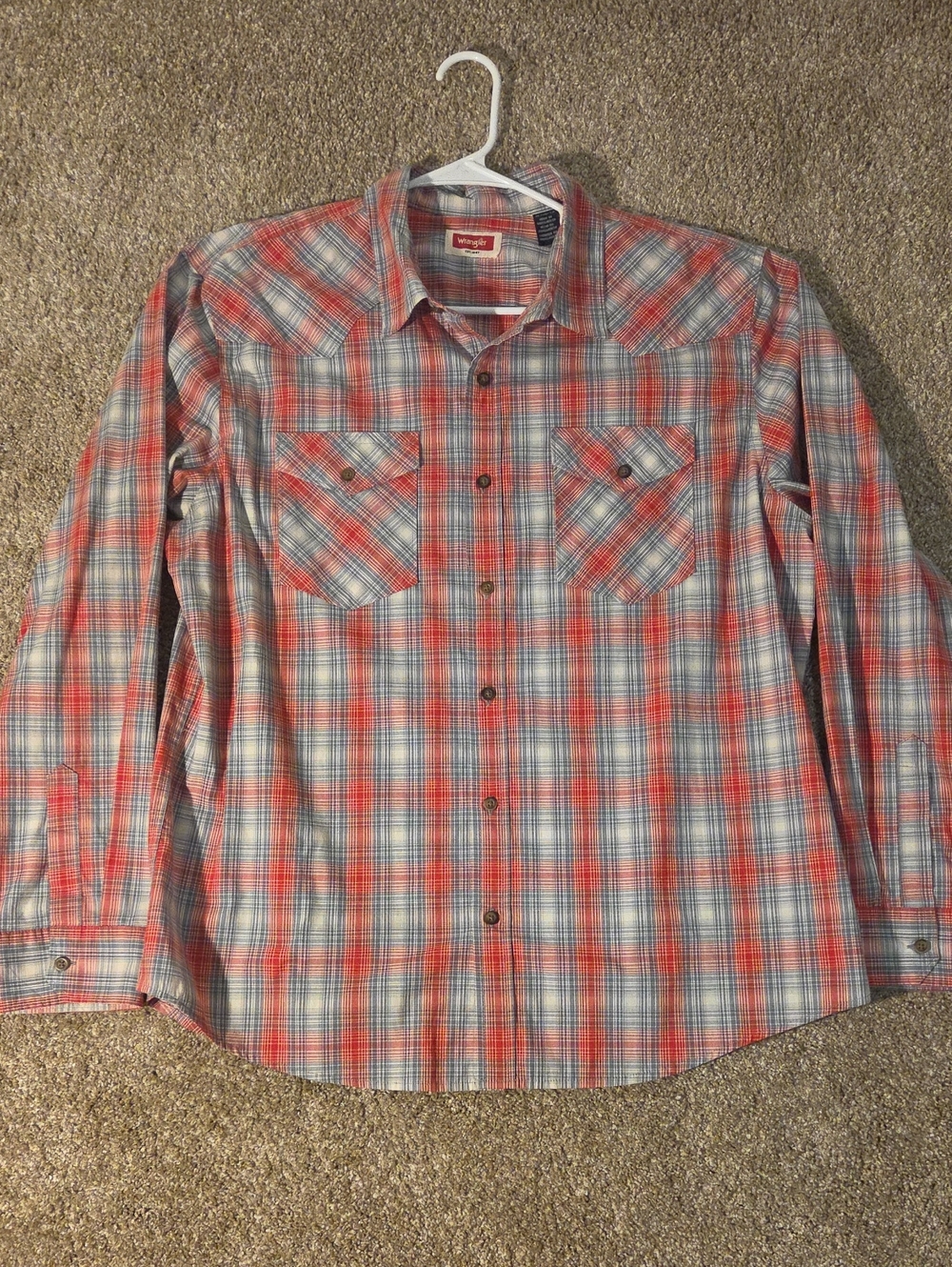 Wrangler Men's Red and Light Blue Plaid Western Button-Down Shirt